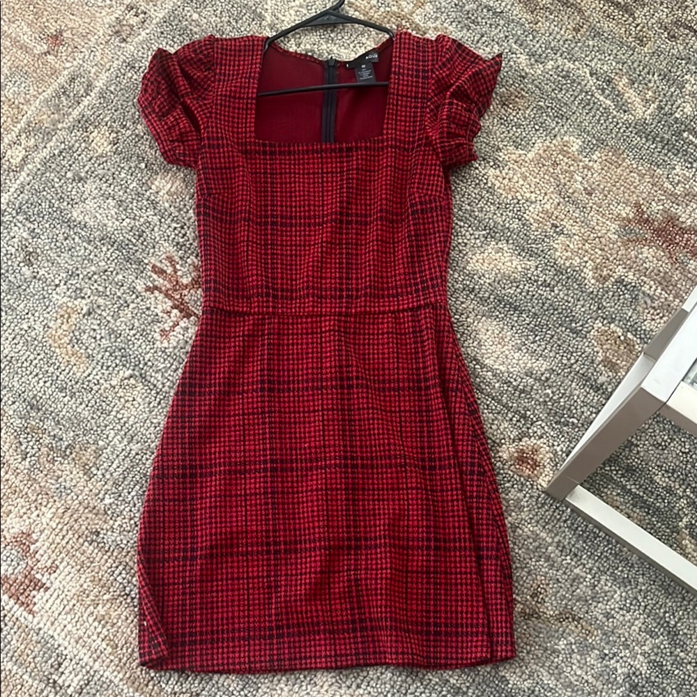 Aqua Red Sheath Mini Dress with Puff Cap Sleeves